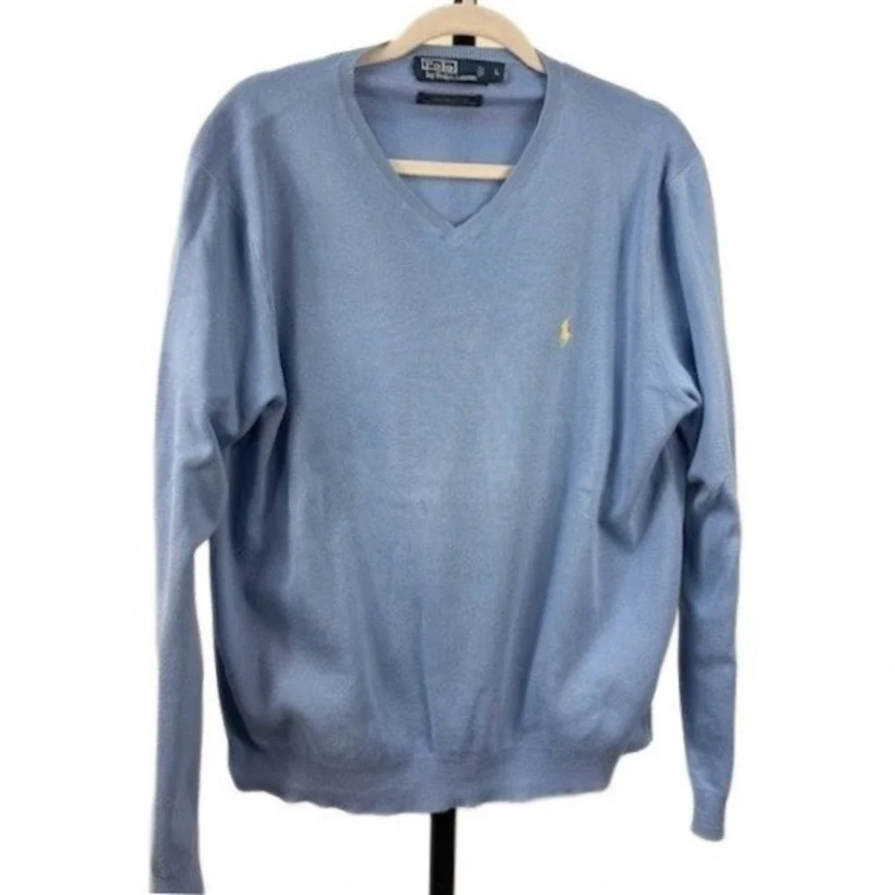 Polo Ralph Lauren Sweater Men's Size Large Light Blue 100% Pima Cotton V‎ Neck